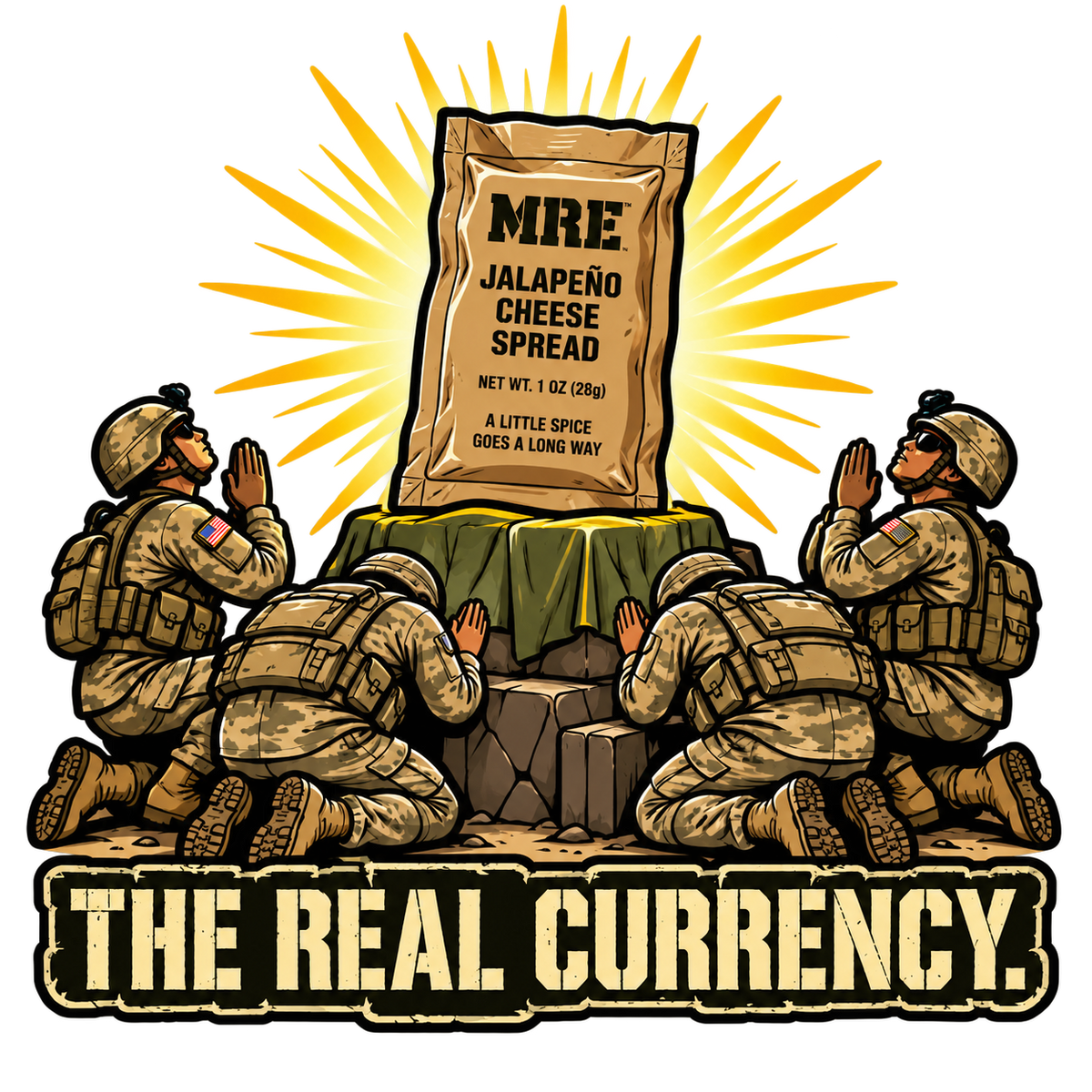 The Real Currency MRE jalapeno cheese Army humor sticker