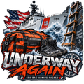 Underway Again Sea Bag Always Packed sticker with an orange duffel, black boots, cutter, boarding ladder and rough sea