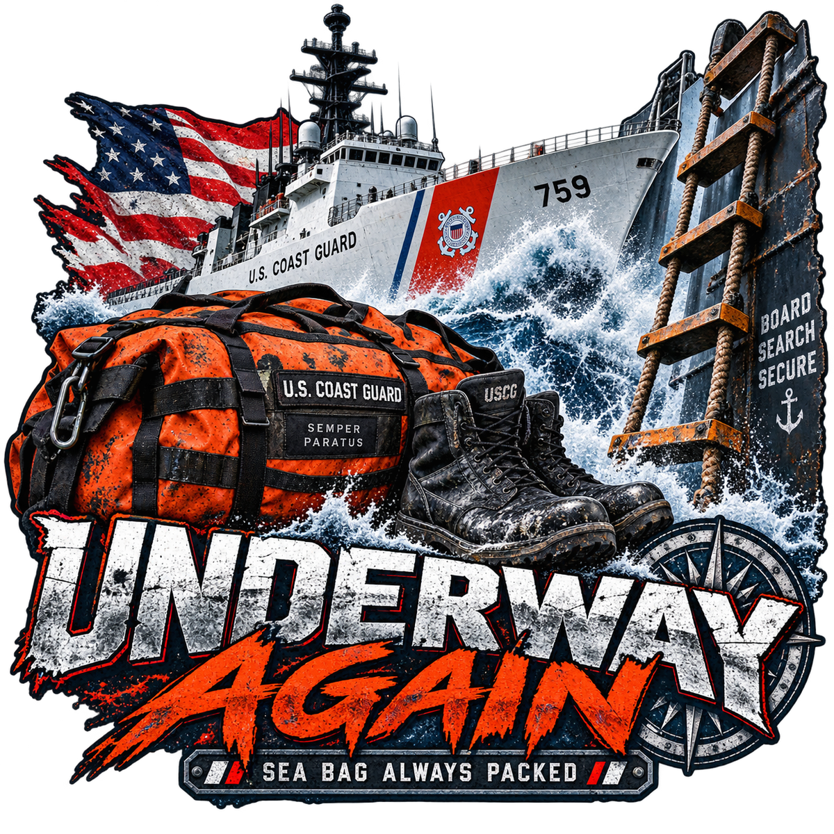Underway Again Sea Bag Always Packed sticker with an orange duffel, black boots, cutter, boarding ladder and rough sea