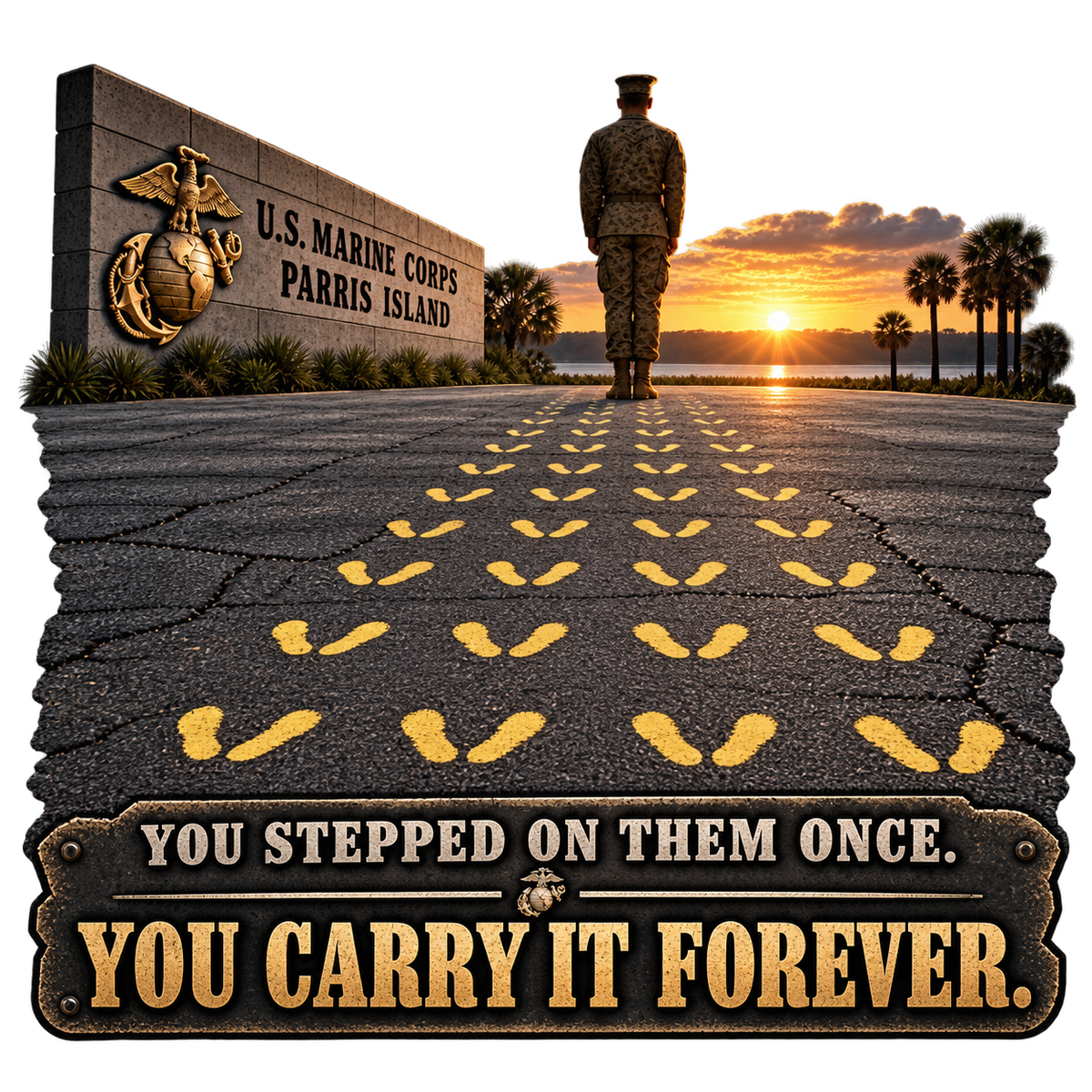 USMC yellow footprints You Stepped on Them Once You Carry It Forever sticker design