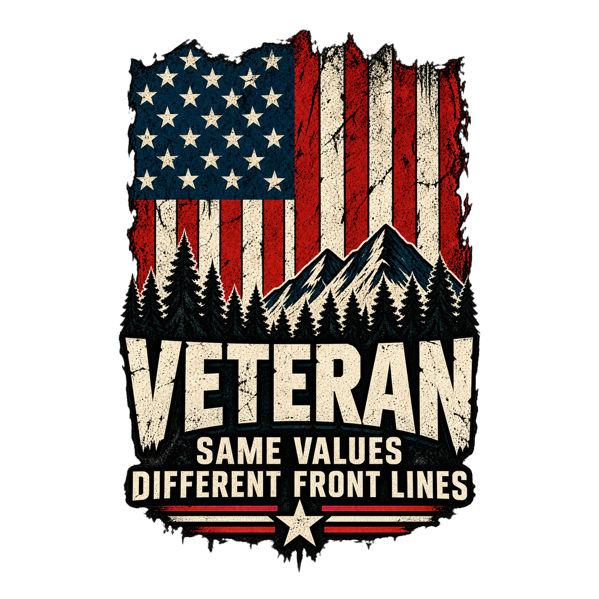 Distressed American flag, mountains and pine trees above Veteran Same Values Different Front Lines